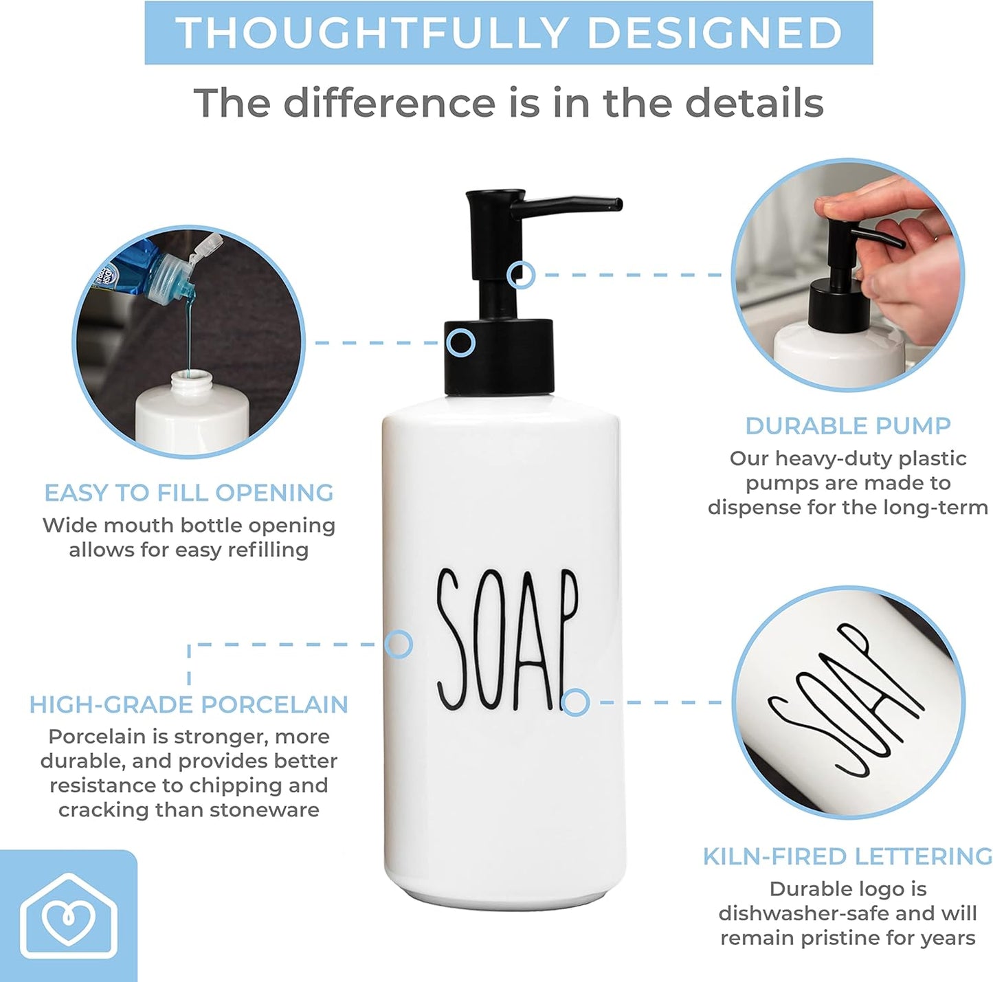 Heartland Home Porcelain 16oz Liquid Dispenser - Kitchen, Bathroom & Laundry Soap & Shampoo Dispenser