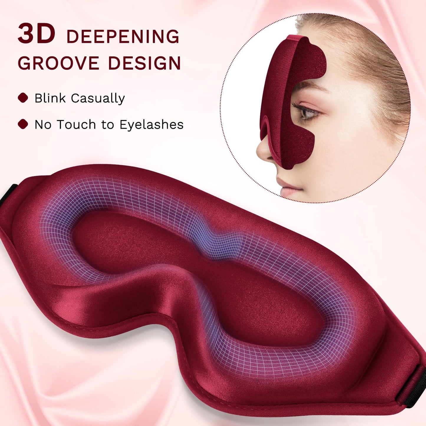 FlyCoco 99% Fully Block Out Light Eye Sleep Mask, 3D Deep Contoured Eyes Cover Zero Pressure, Long Lash Extension Eyes Mask with Adjustable Straps for Sleeping Travel Home Nap Rest Women Men (Red)