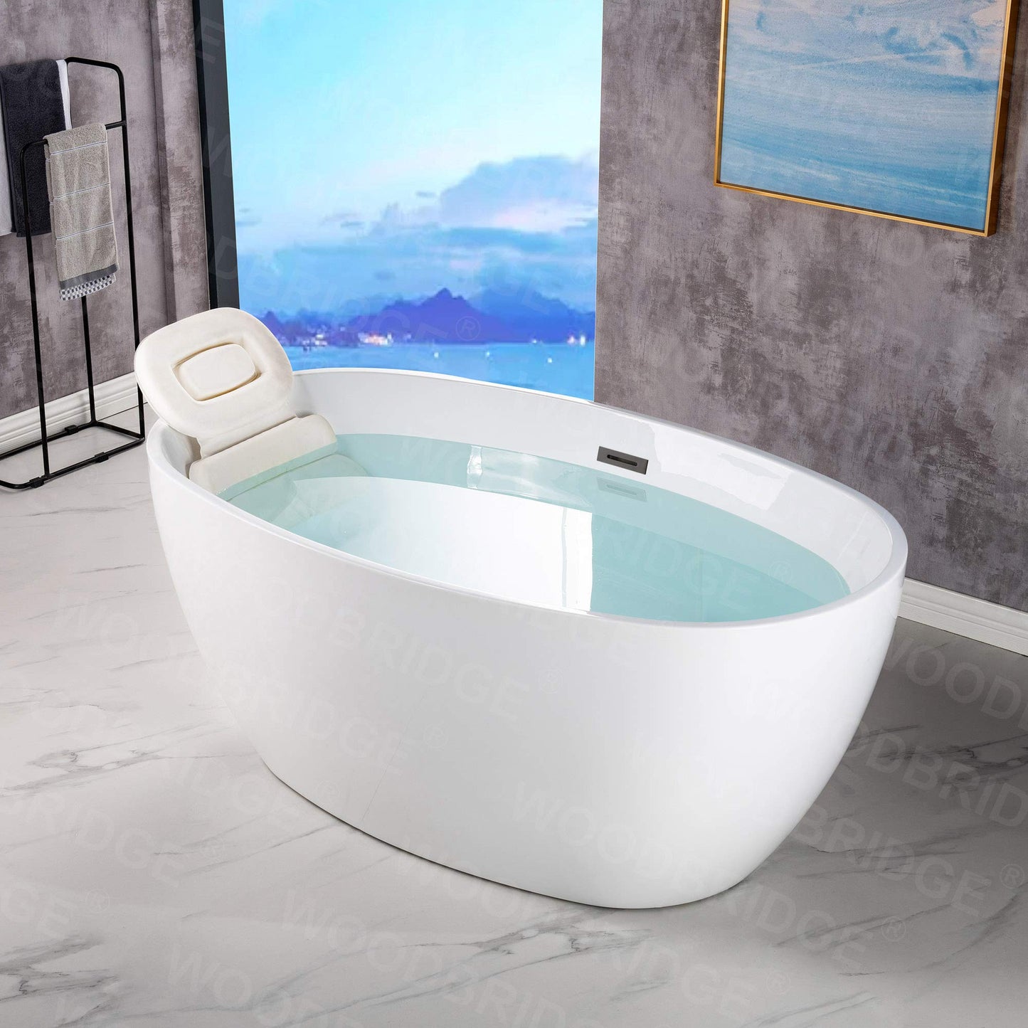 WOODBRIDGE 55" Acrylic Freestanding Bathtub Contemporary Soaking White Tub with Matte Black Overflow and Drain,B1418 -MB-Drain &O