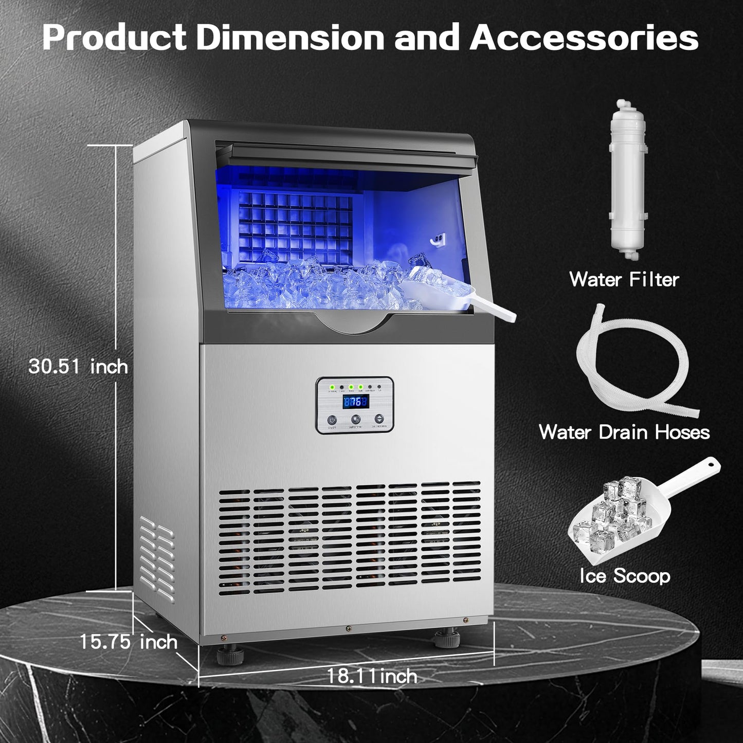 Amzgachfktch Commercial Ice Maker, 110lbs/24H Ice Maker Machine, Auto Self-Cleaning, LED Digital Display, Blue Light, Under Counter/Freestanding Ice Machine for Home/Office/Restaurant/Bar