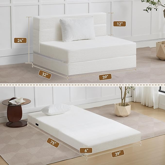 WUTUTUEE Folding Sofa Bed Convertible Floor Couch Foldable Chair Bed with Pillow，Linen Sleeper Chair Futon,Foldable Memory Foam Mattress for Bedroom/Living Room/Dorm/Office (Corduroy White, Standard)