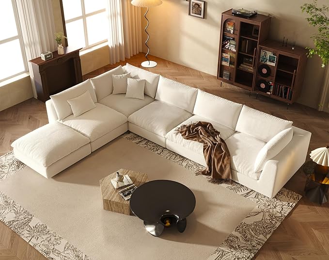 Fajiani Oversized Modular Sectional Sofa,Cloud Couch Deep Seat Sofa Cushion Covers Removable, Oversized Sectional Couches for Living Room (6 Seater-Cream White)