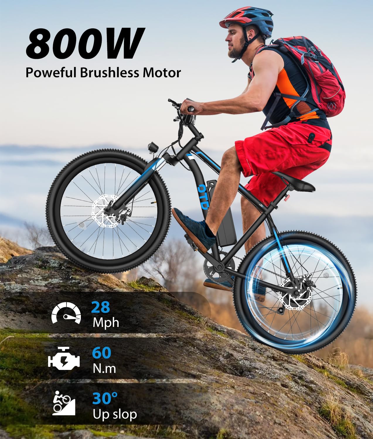 OTD Electric Bikes for Adults[with Mobile Phone Holder], 28MPH Electric Bicycles, 26" 800W Peak 45 Miles PAS Range, 48V 624Wh Removable Battery Ebike,7-Speed（UL 2849）,Black