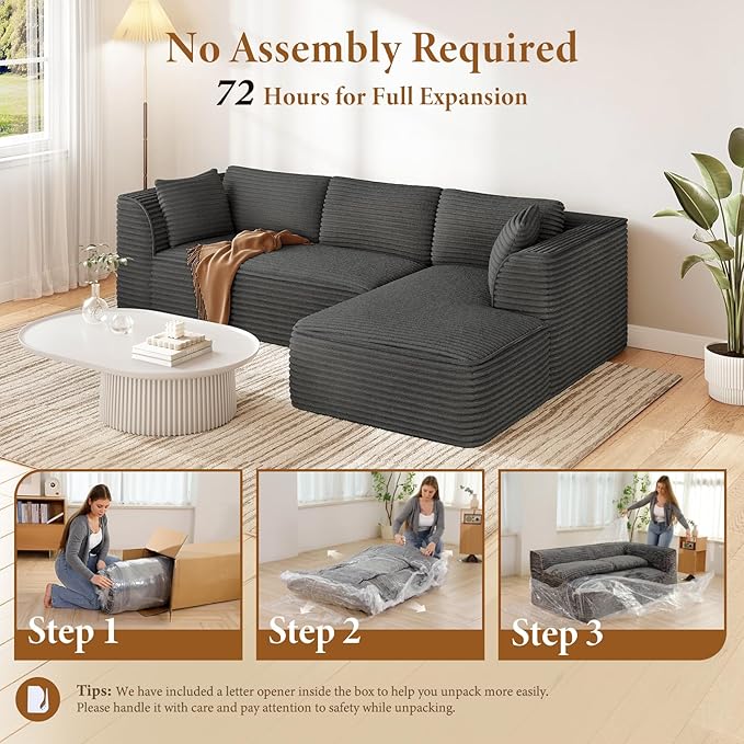 Vesgantti 106" Boneless Couches for Living Room, Deep Seat Cloud Sofa Sectional with Chaise, Corduroy Memory Foam Modular Couch Set, No Assembly Required (Dark Grey, Right-Facing Chaise)