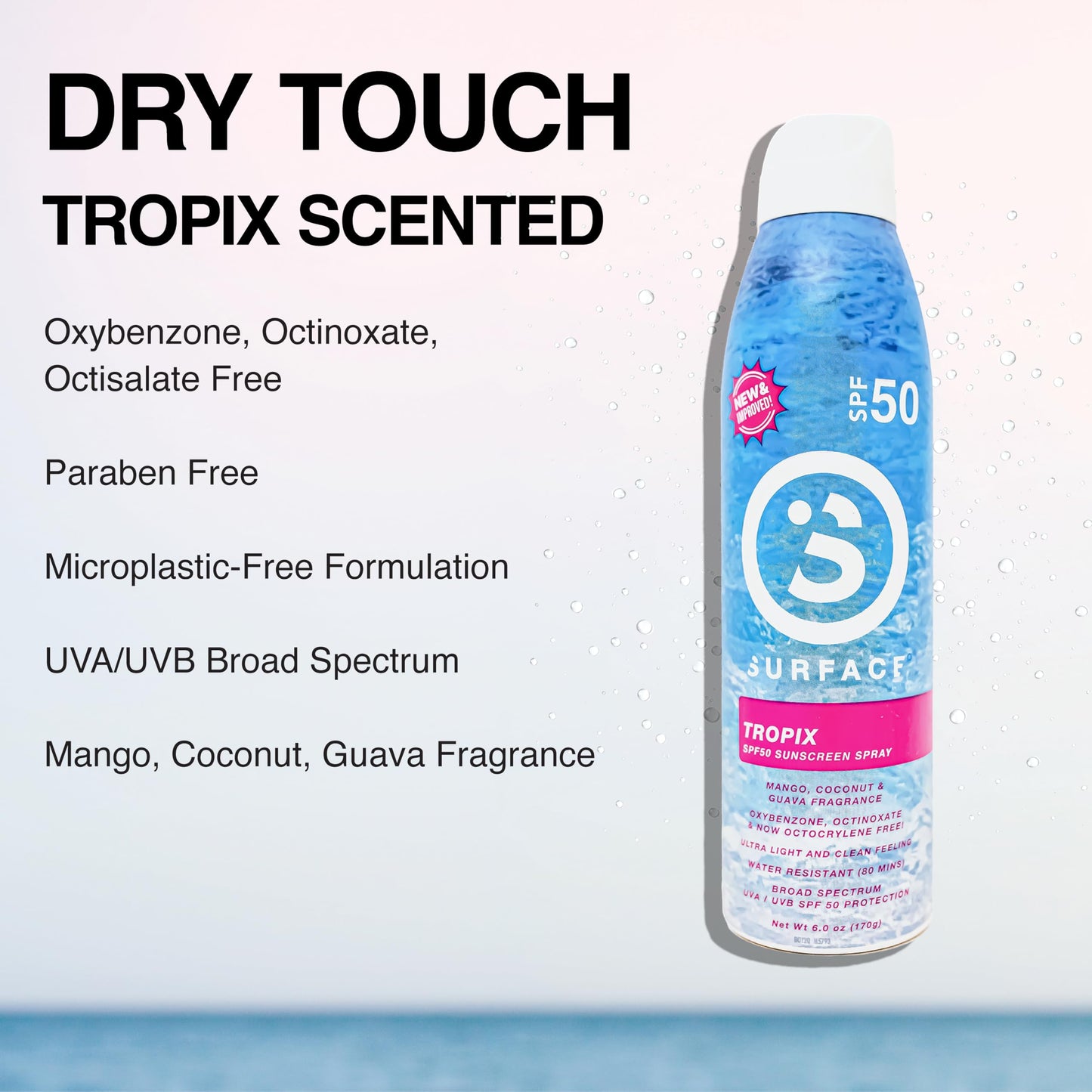 Surface TROPIX Sheer Touch Spray Sunscreen, Water Resistant, UVA/UVB Broad Spectrum, Fast Drying Protection, PABA Free - 6oz - S