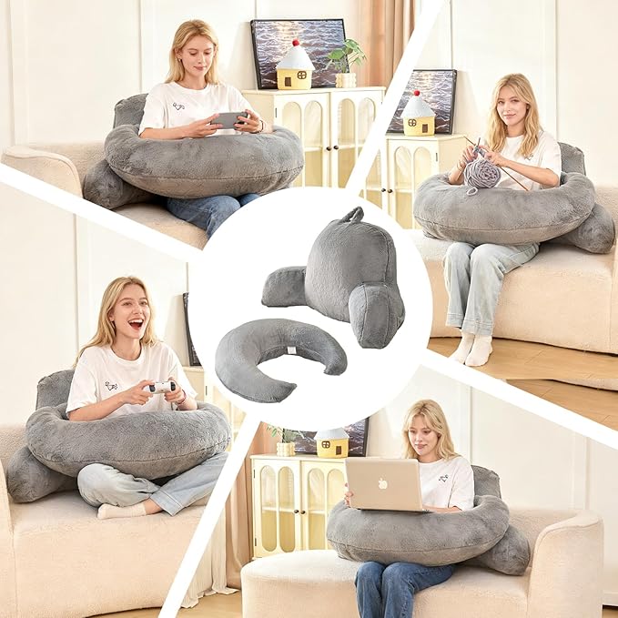 PAJEO Reading Pillow for Bed,U Shaped & Back Support Pillow for Bed,19" Backrest with Lumbar & Arm Support,Luxurious Faux Rabbit Fur,Gaming PillowFor Crochet/Reading/Watching TV,Gray