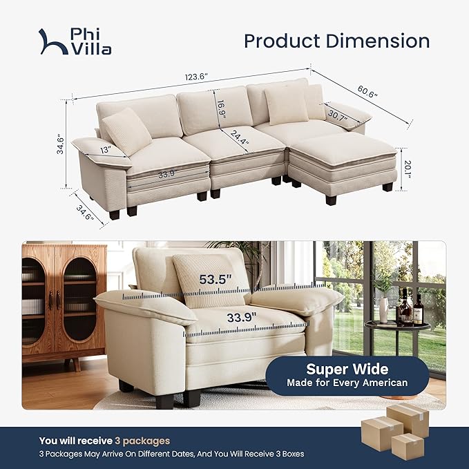 PHI VILLA Cloud Modular Couch Sets, 123.6" Sectional Sofa with L-Shaped Chaise, 4-Seater Upholstered Couches with Movable Ottoman for Living Room, Chenille Fabric, Beige
