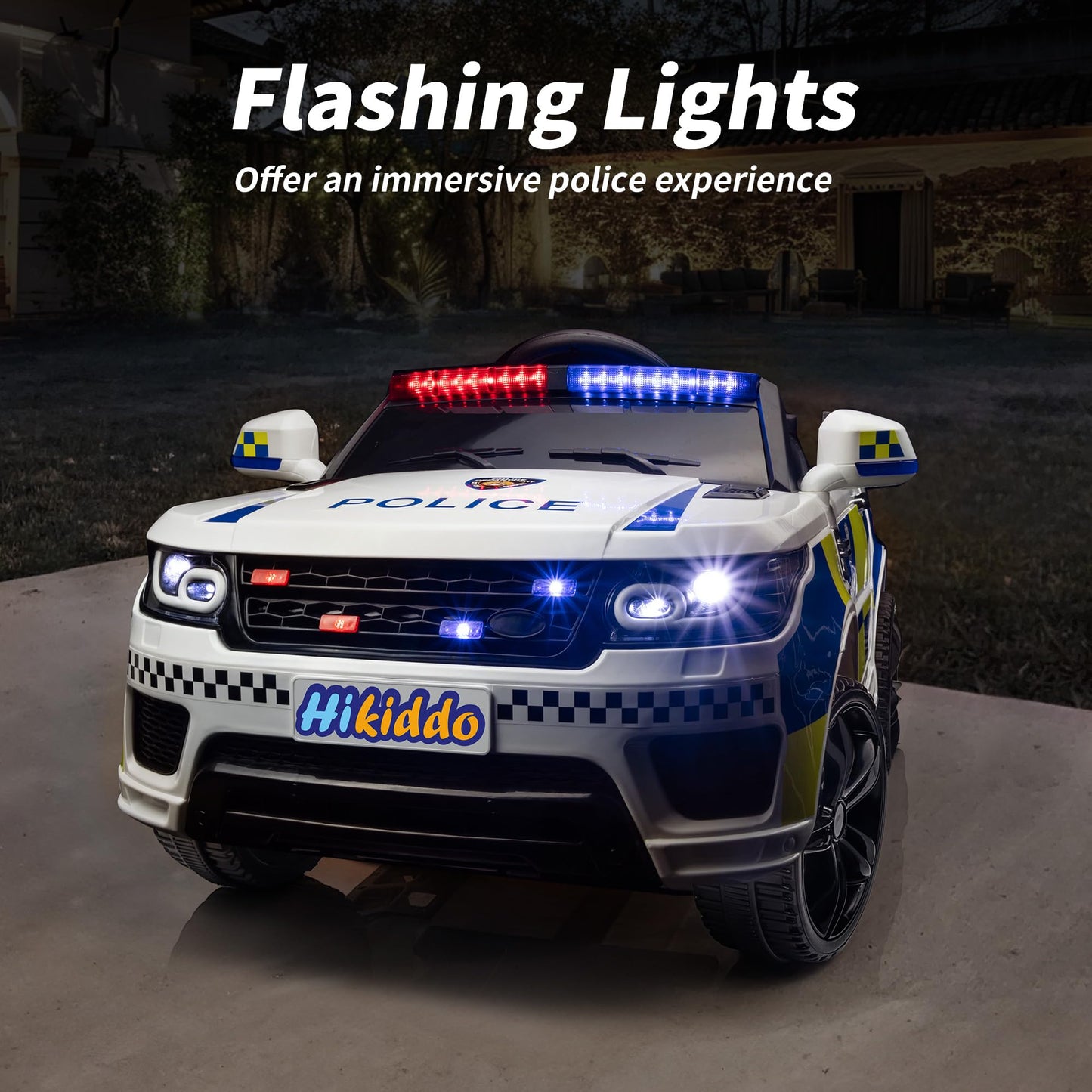 Hikiddo Electric Police Car for Kids, 24V Kids Ride-on Toy Car w/Remote Control, 400W Motor - White
