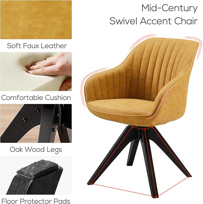Art Leon Dining Chair, Mid Century Modern Faux Leather Upholstered Swivel Dining Room Chair with Wood Legs, Leisure Side Chair with Arms for Living Room, Yellow Brown