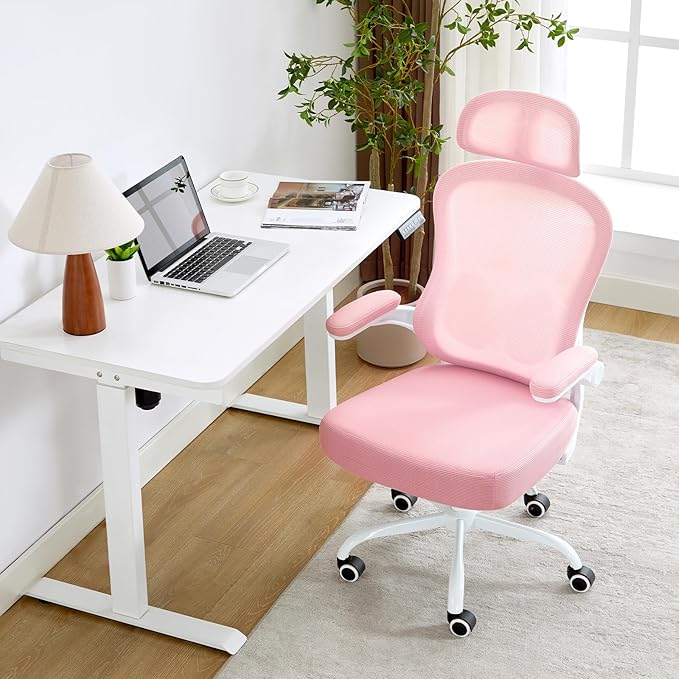 TUKAKA Ergonomic Office Chair,Ultra Thick Office Desk Chair with Adjustable Lumbar Support and Headrest,Spring Cushion,Rocking Function,Flip-up arms,Mesh Computer Chair for Home Office,Pink