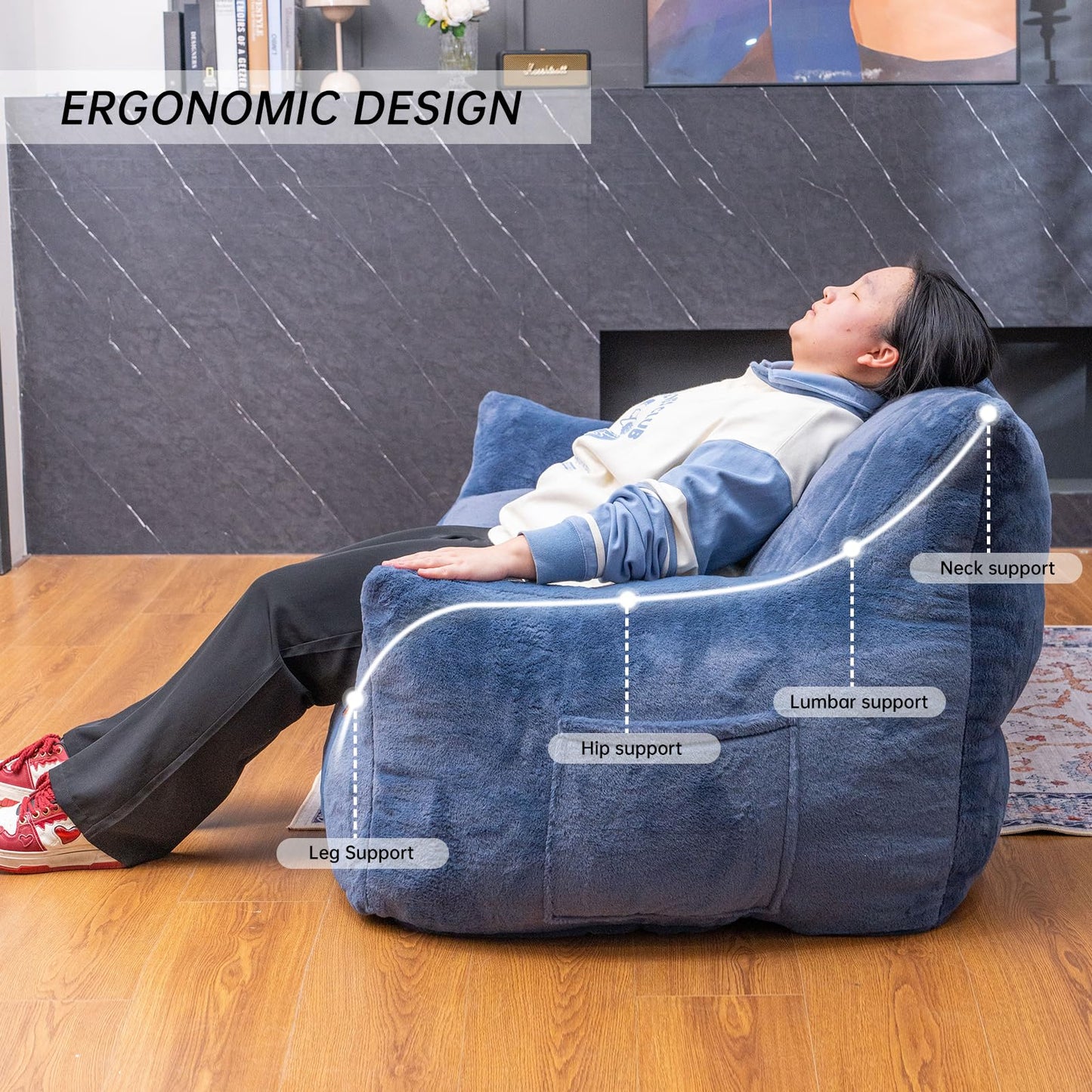 Cvortll Big Bean Bag Chairs for Adults Oversized Beanbag Chair Lazy Sofa with Armrest Foam Filled Loveseat Sofa Floor Comfy Couch for Bedroom,Blue