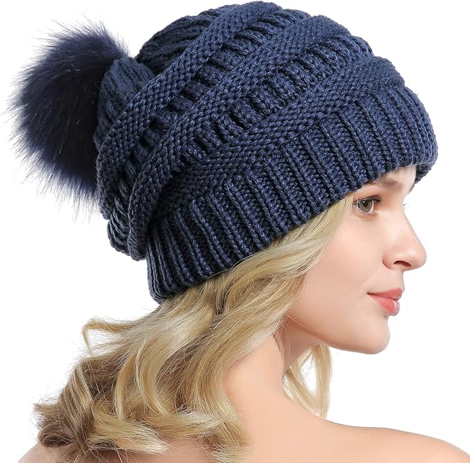 QUEENFUR Women Knit Slouchy Beanie Chunky Baggy Hat with Faux Fur Pompom Winter Soft Warm Ski Cap