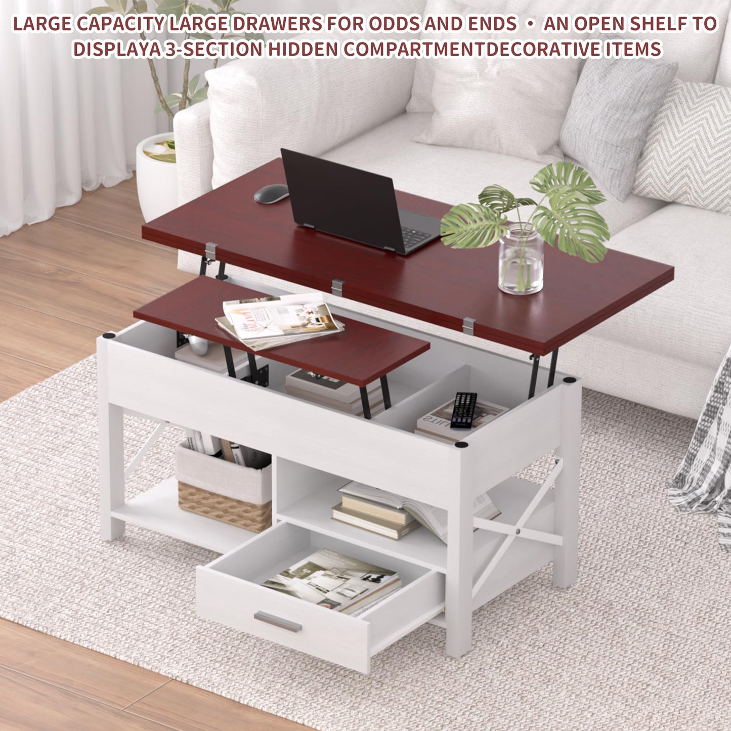 Lift Top Coffee Table, 4 in 1 Coffee Tables with Storage Cabinet for Living Room, Coffee Table with Lifting Top with Wooden Lift Tabletop, Convertible Coffee Table for Living Room,Home Office,Espresso