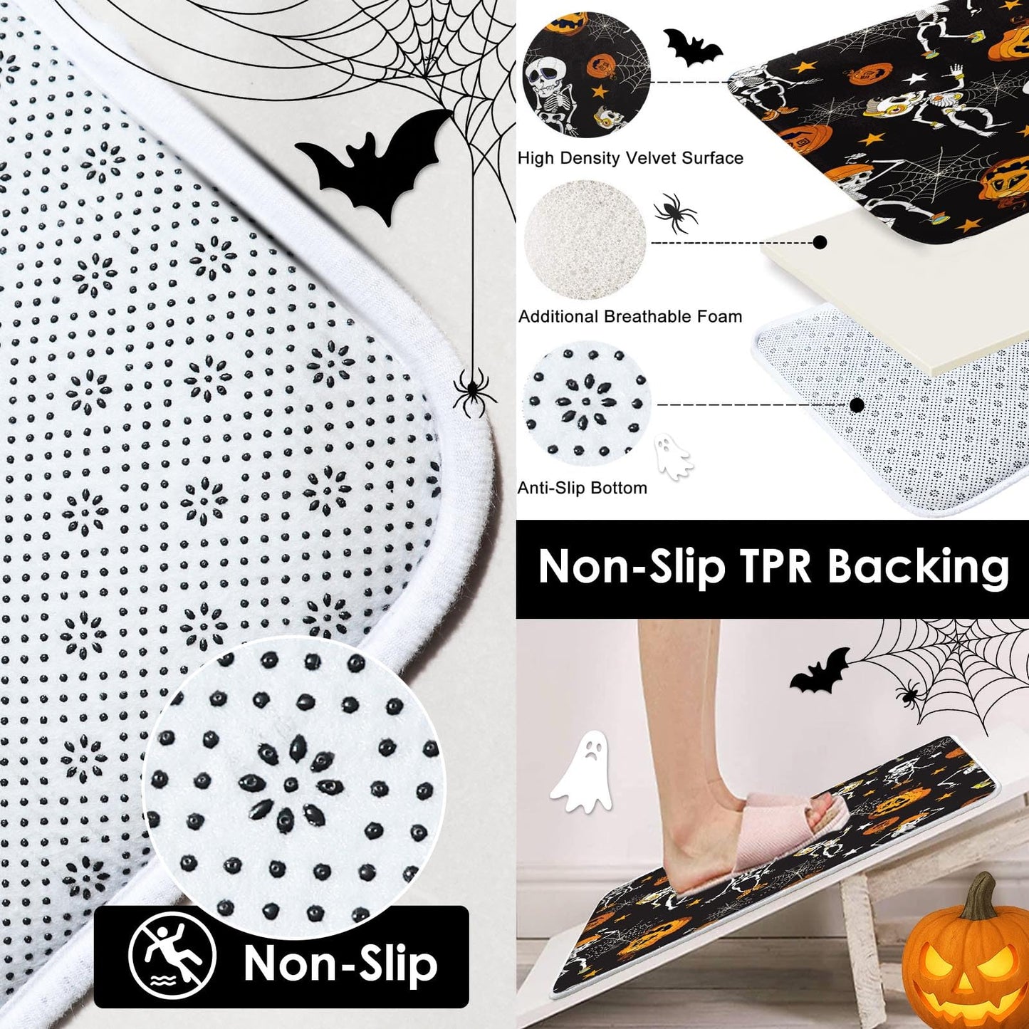 Tayney Haloween Pumpkins Shower Curtain Set with Toilet Lid Cover and Non-Slip Rugs, Dancing Halloween Skeletons and Pumpkins 4 Pcs Shower Curtains for Bathroom, Holiday Funny Bathroom Decor