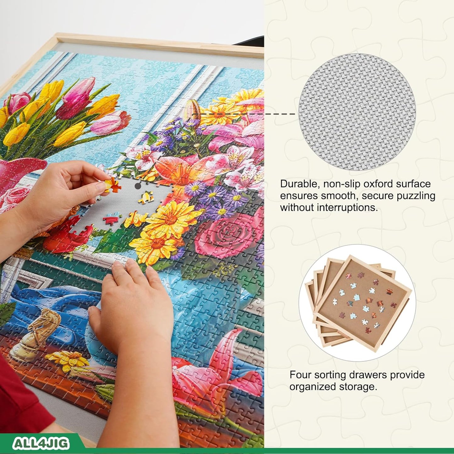 ALL4JIG 1000 Pieces 2-in-1 Tilting & Rotating Puzzle Board, 30.16" x 22.44"Adjustable Angle Puzzle Board with 4 Drawers & Clear Protective Cover, Birthday Gift for mom