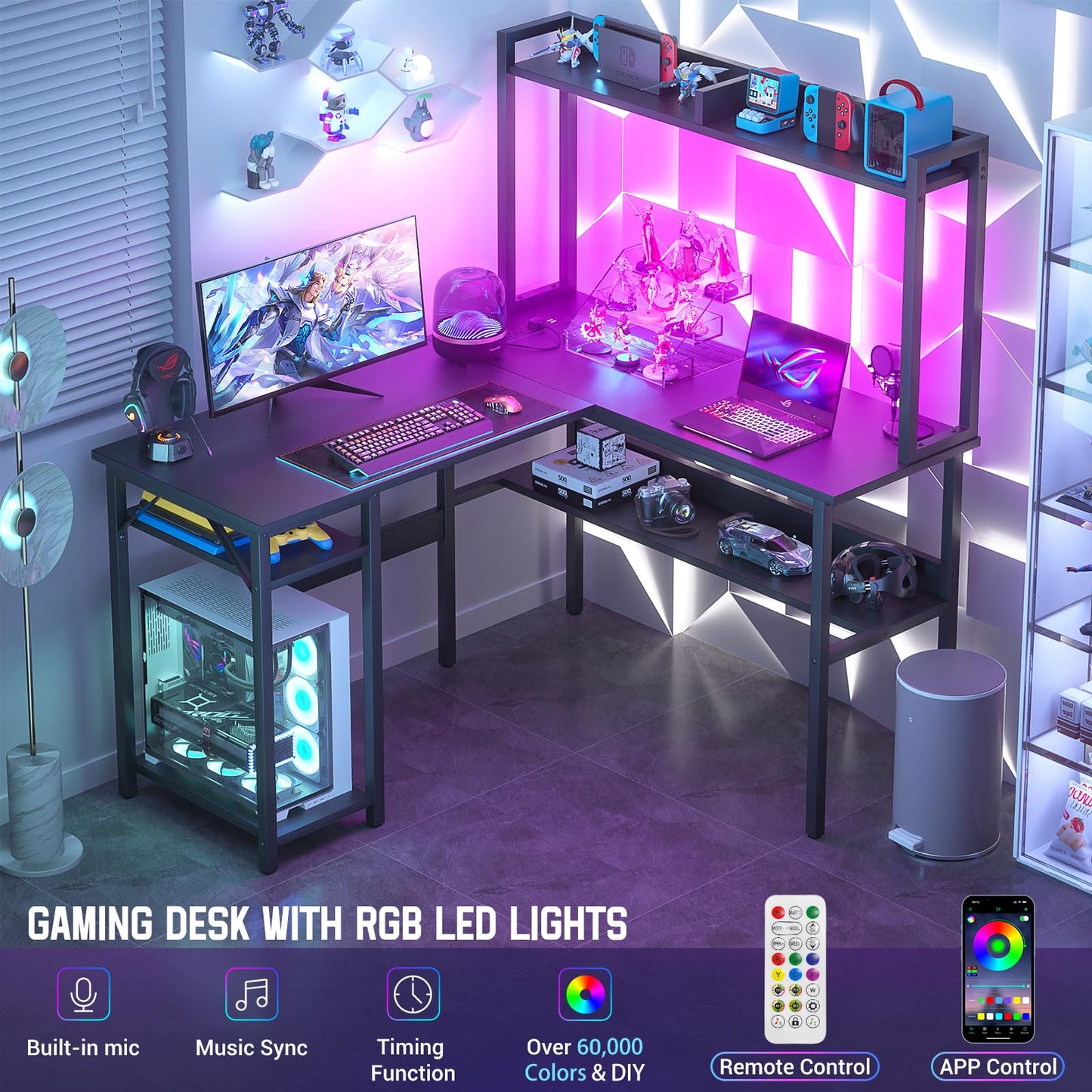 Unikito L Shaped Gaming Desk with LED Strip and Power Outlets, Reversible L-Shaped Computer Desk with Storage Shelves, Corner Desk with Hutch, 2 Person Home Office Desk, Black