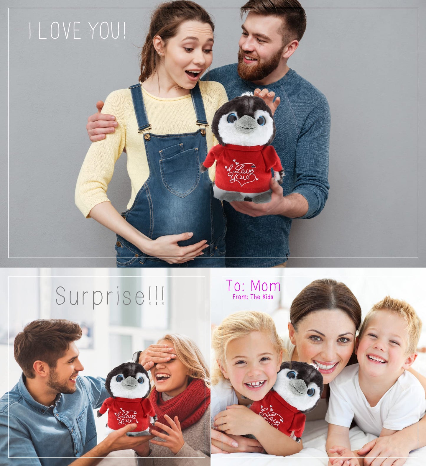 DolliBu I Love You Valentine Plush Grey Penguin - Cute Stuffed Animal with Red Shirt and Name Personalization Gift for Valentines Day, Birthday, Anniversary, Romantic Date - 9 Inches