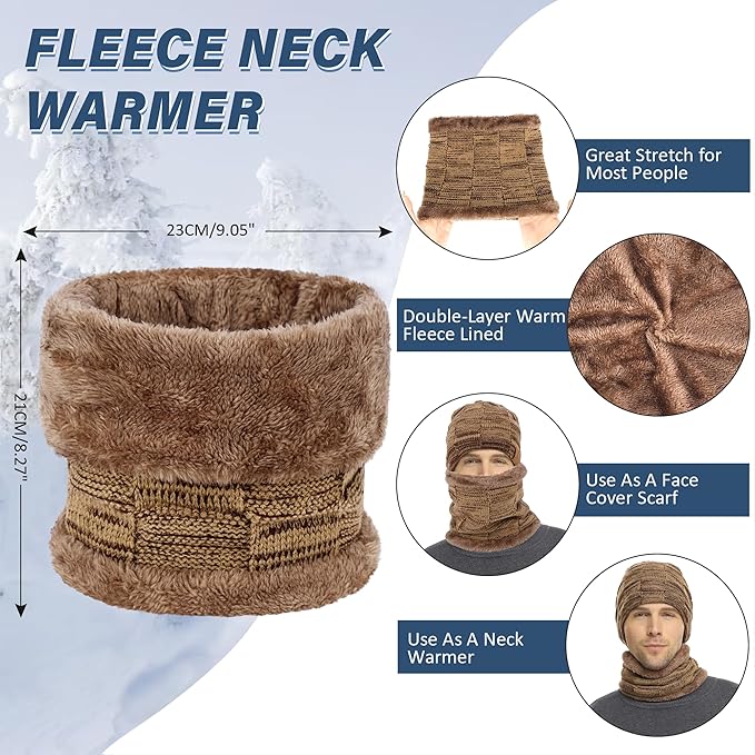 Mens Winter Beanie Hats Scarf Set Warm Knit Skull Cap Neck Warmer with Fleece Lined Winter Hat for Women