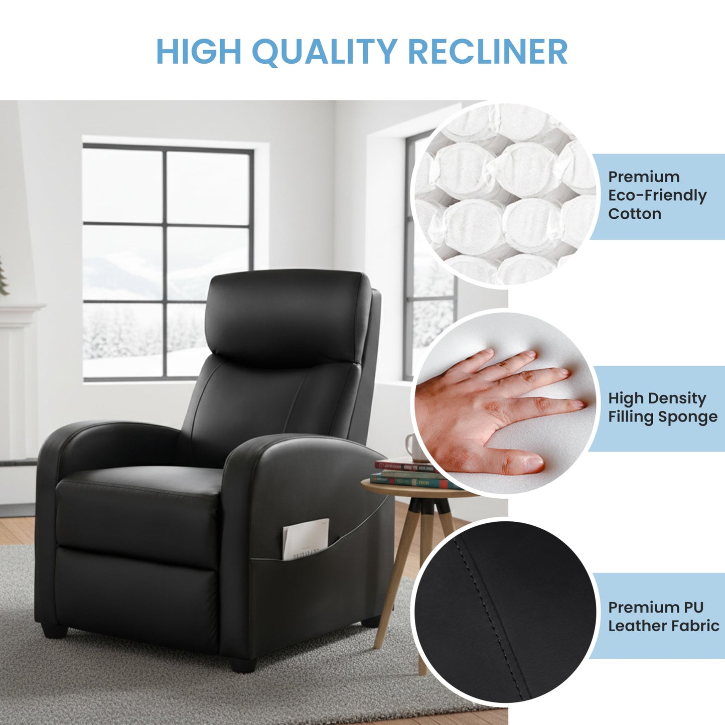 Simple Deluxe Recliner Chair - Adjustable Push Back PU Leather Recliner, Plush Reading Chair & Luxe Sofa Chair for Living Room Chairs or Bedroom Chair, Single Recliner for Home Theater