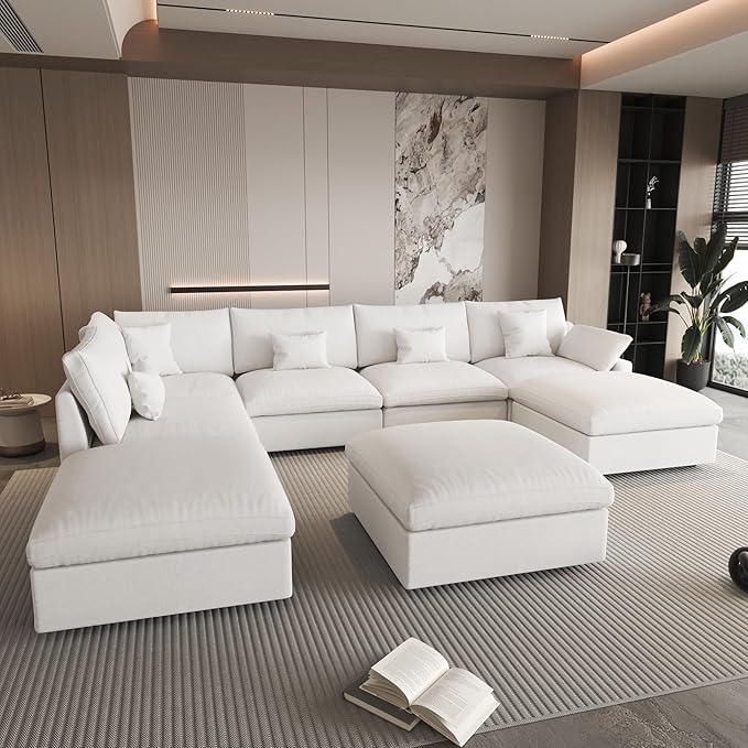 WJShome Cloud Couch for LivingRoom,153" U Shaped Modular Sectional Sofa with Ottoman,Down Filled 7 Seater Convertible Sleeper Sofa Bed Oversized Furniture Sets,White