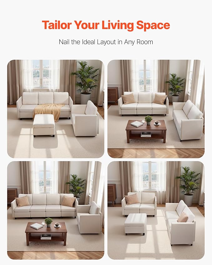 VEVOR Modular Sectional Sofa, Modern 5-Seater Modular Sofa with Hidden Storage, Customizable Cloud Sectional Couch, Solid Wood Frame Upholstered Comfy Couch for Living Room, Bedroom, Beige