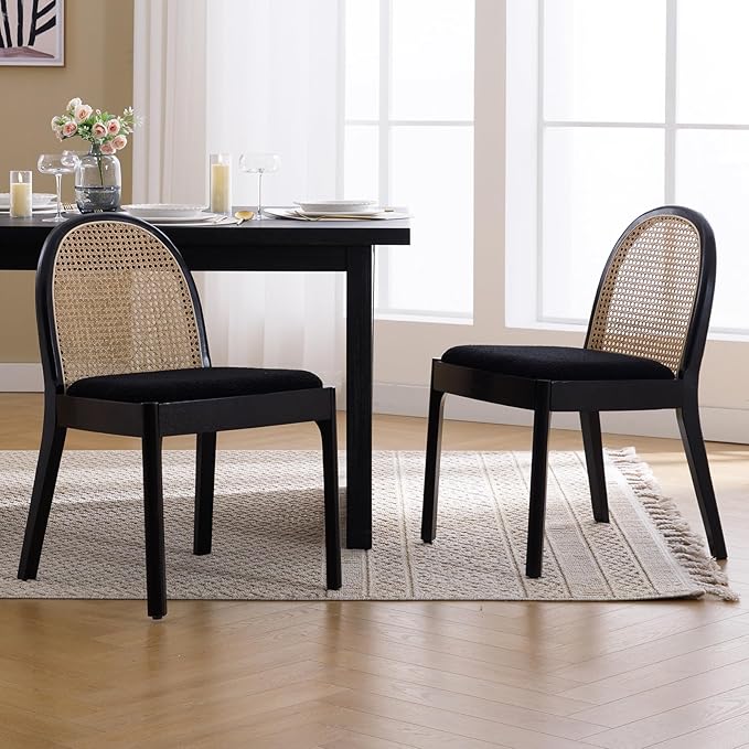DUOMAY Mid-Century Modern Rattan Dining Chairs Set of 2, Wooden Dining Room Chair with Cane Backrest and Padded Seat, Black Sherpa Upholstered Dining Chair, Black Finish