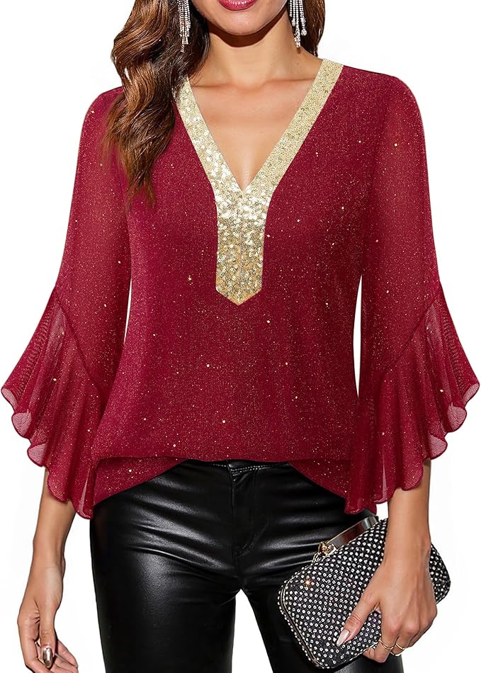 Timeson Women's Ruffle 3/4 Sleeve Sparkly Tops Sequin V Neck Blouses Dressy Fall Shirts