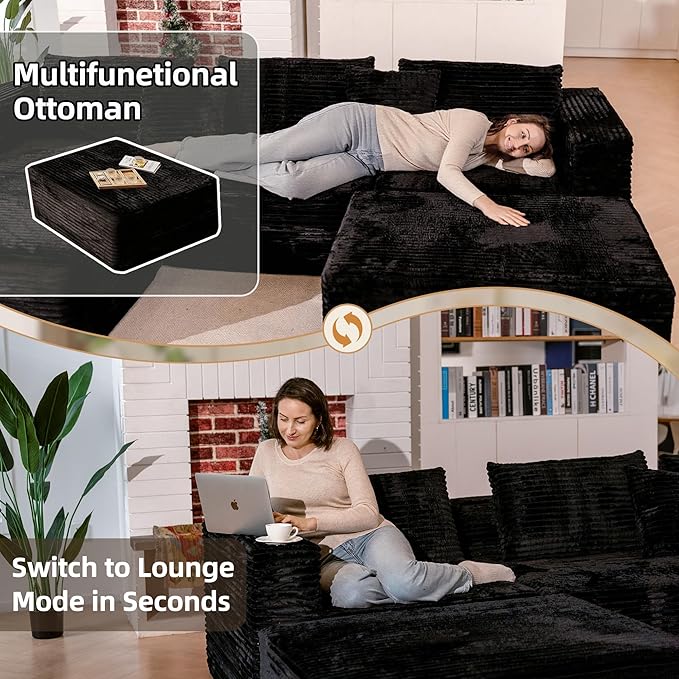 110 Modular Sectional Boneless Sofa with 2 Ottomans, Corduroy U-Shaped Modular Sectional Sofa, Convertible Cloud Couch with Deep Seats, No Assembly Required (Black, 110" 3Seat+2 0ttoman)