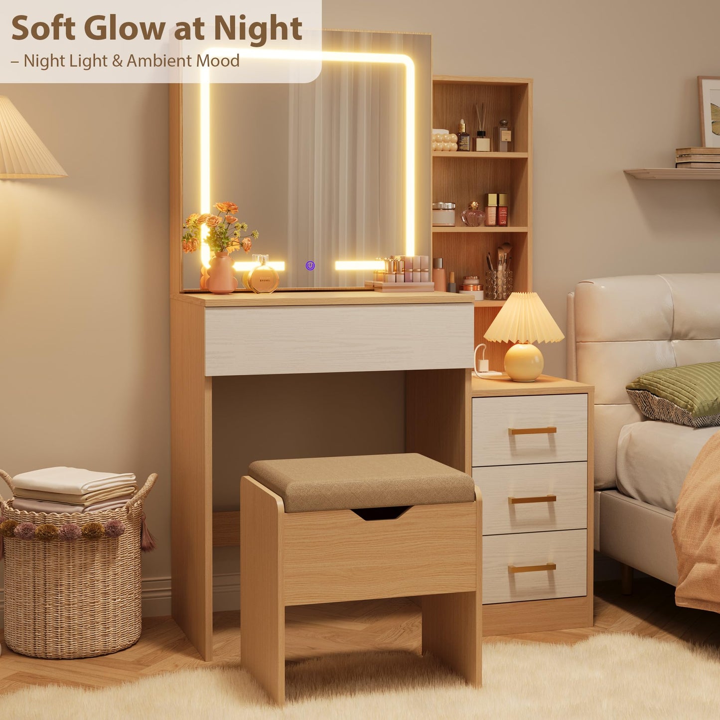 Senfot Nature Vanity Desk With Sliding Mirror and Lights, Modern Makeup Vanity Table With 4 Drawers and 7 Storage Shelves, Dressing Table With Stool and Charging Station, 3 Lighting Modes, for Bedroom