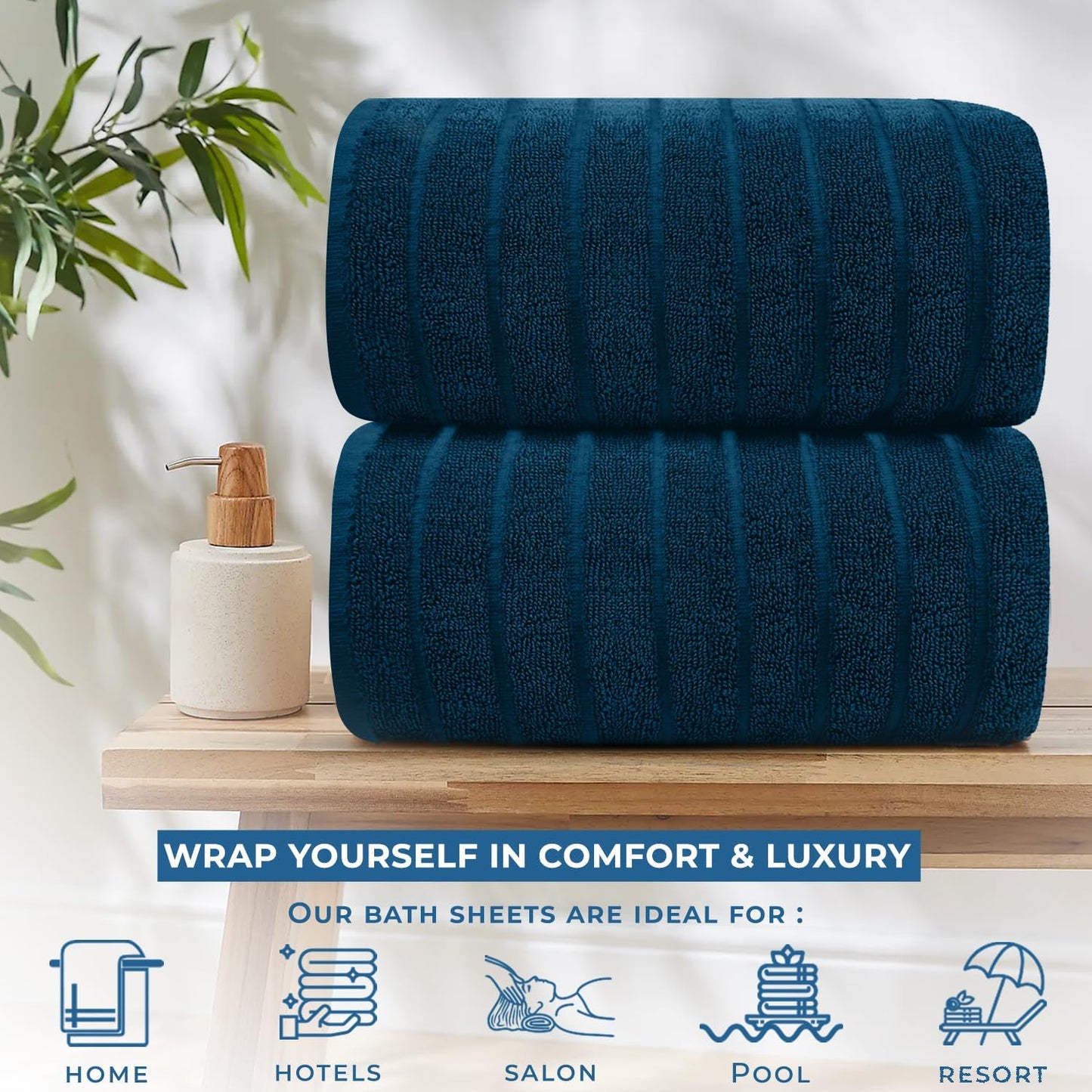 DAN RIVER Pack of 2 Bath Sheet 35x70 Inches, Big Towels Oversized Extra Ribbed Large Bath Sheets, Absorbent Quick Dry Towels - Blue Opal