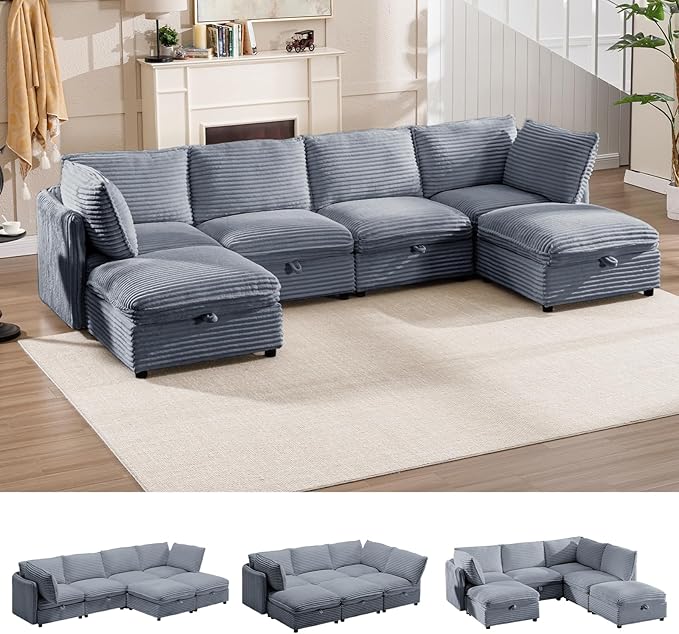 125" Oversized Modular 6 Seater Sofa with Removable Covers and Storage, Convertible U, L-Shaped and Sleeper Sectional, Modern Corduroy Couches with Ottoman Chaise for Living Room, Apartment, Gray