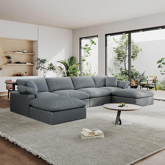 Intuition Decor Modular Sectional Sofa Cloud Couch,Down Filled Comfy Cloud Modern Sofa,Light Blue Linen U Shape 6 Seater Oversized Couch Cushion Covers Removable for Living Room