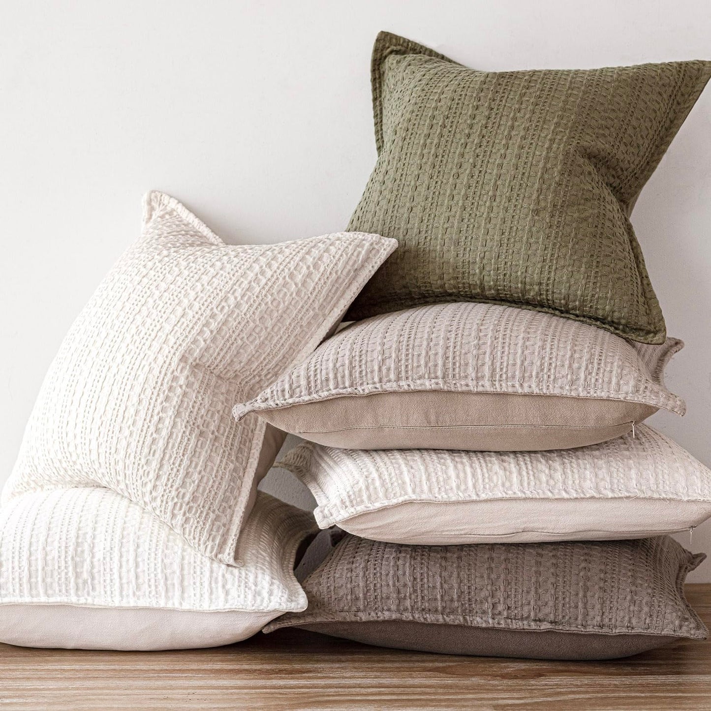 Foindtower Set of 2 Decorative Cotton Waffle Weave Textured Throw Pillow Covers Euro Sham Cushion Covers Accent European Pillowcase For Bed Couch Sofa Bedroom Living Room Home Decor 18×18 Inch Oatmeal