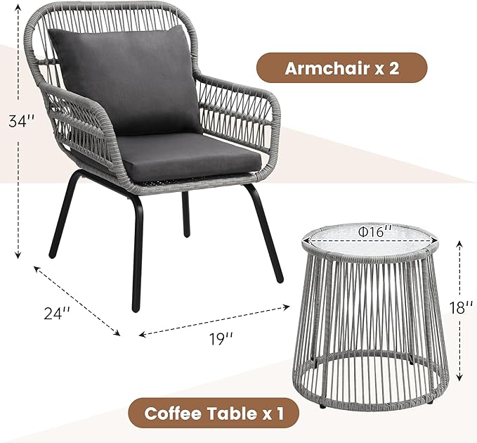 wildformers 3 Pieces Rattan Wicker Bistro Set, Outdoor Conversation Set, Wicker Rattan Furniture Set with Glass Top Table, Space Saving for Balcony, Backyard, Grey