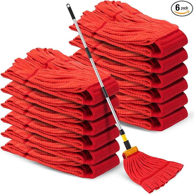 Hushee 6 Pack Large Microfiber Tube Mop Heads 18 oz Heavy Duty Commercial Industrial Wet Mop Head Refill Reusable Machine Washable Looped End Mopheads for Hardwood, Tile, Laminate Floors (Red)