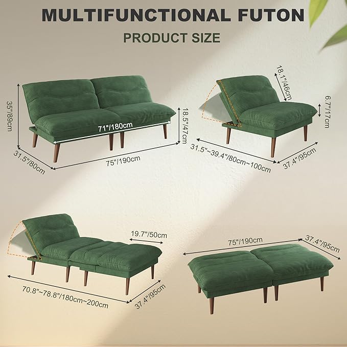 DreamDashio Futon Sofa Bed, 4 in 1 Multi-Functional Futon Couch with Adjustable Backrest, 75 inch Convertible Sleeper Sofa Bed and Recliner Lounge, Corduroy Loveseat for Living Room, Apartment, Green