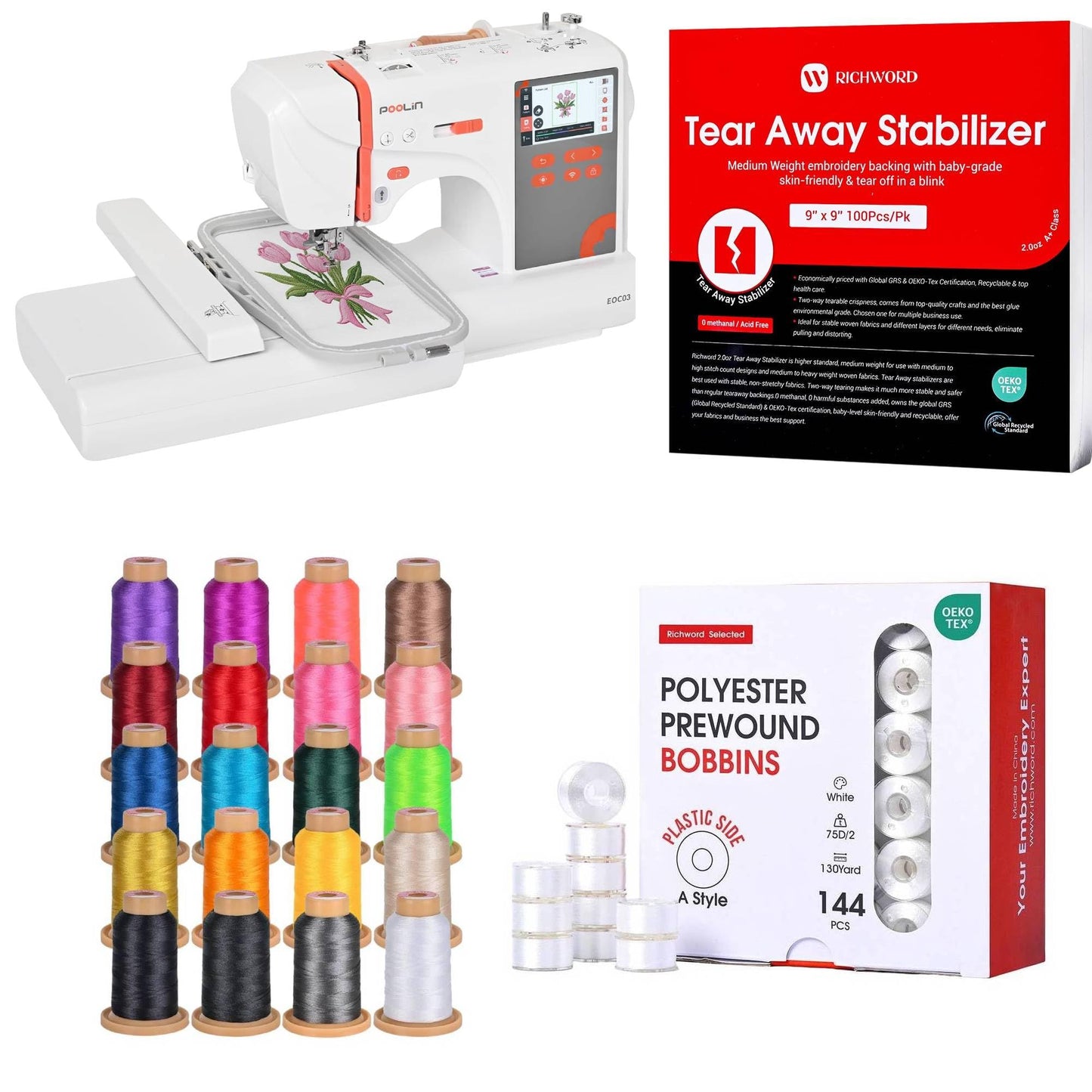 Poolin EOC03 Embroidery Machine Bundle with 9"x9" Tear Away Stabilizer (100 Sheets), 144pcs A Style Prewound Bobbins & 20-Color Thread Set – Beginner Embroidery Starter Kit for Home DIY Projects