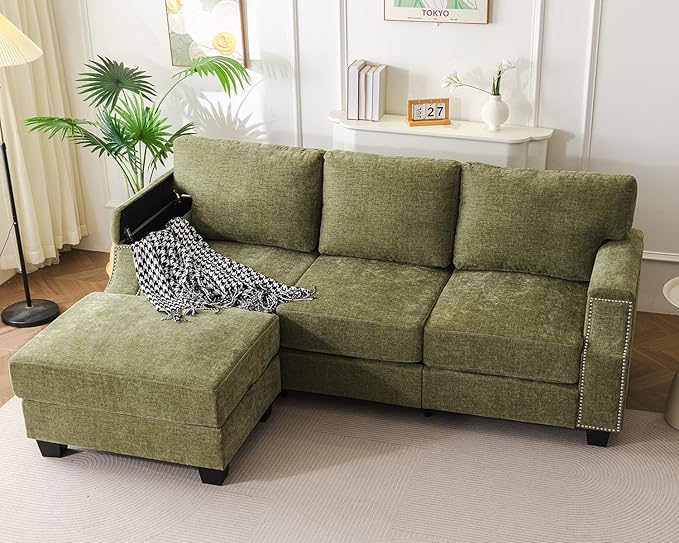 Rukefo 85" Sectional Sofa Couch with Storage Ottoman,L Shaped Couch with Armrest Organizer,3-Seater Sofa,Small Modular Couches for Living Room,Bedroom,Apartment,Chenille,Green