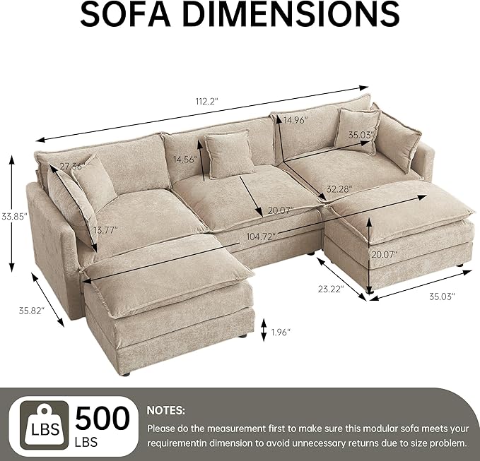 HIPIHOM Modular Sectional Sofa, 112.2 Inch L Shaped Couch Set with Armrests, 3-Seater Comfy Cloud Couches for Living Room Apartment, Coffee