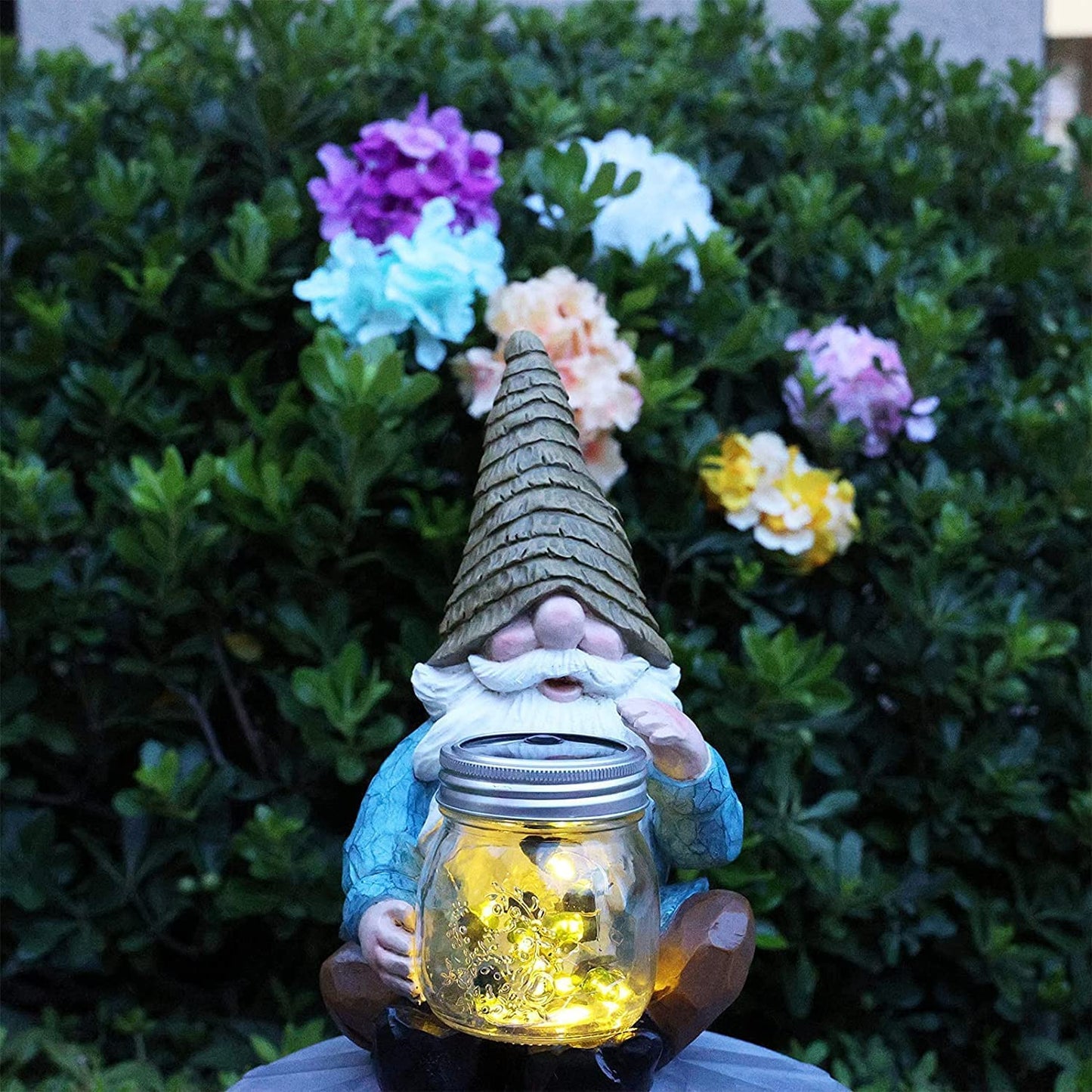 Vcdsoy Solar Firefly Jar Gnome Waterproof- Large Garden Gnome Funny Solar Outdoor LED Lights Resin Statues 10.6" Lantern Figurines Decorations Birthday Gifts for Mom Women - Unique Housewarming Gifts