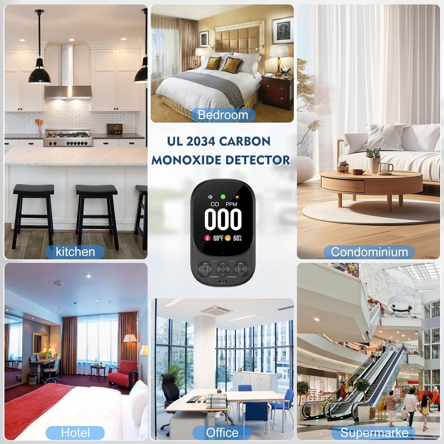 Lunarlipes Carbon Monoxide Detectors Plug in, 3-in-1 CO Detector with Temp/Hum Sensor, Portable Travel Carbon Monoxide Alarm with 85dB Alarm, Real-Time CO Monitor Easy to Read & Install (Black-1 Pack)