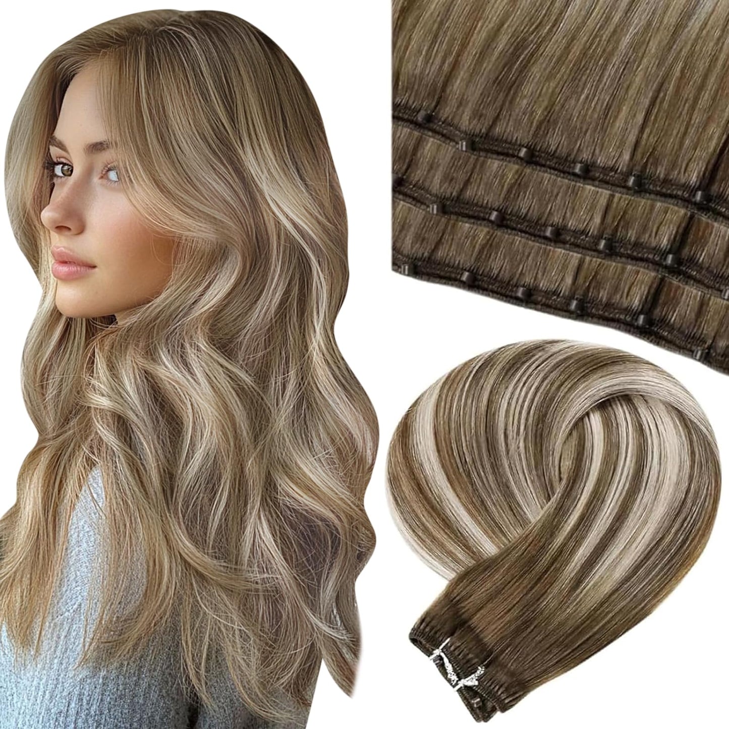 LaaVoo Beaded Weft Hair Extensions Human Hair Ombre Beaded Human Hair Extensions Ash Brown to Blonde Mix with Platinum Blonde 20