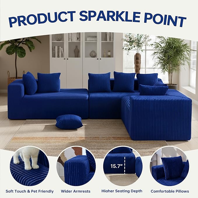 SEENYOO 130" Boneless Couch, Cloud Couch Sectional, Corduroy Sofa for Living Room, U Shaped Modular Sofa with Chaise, No Assembly, 4 Seats Oversized (Blue)
