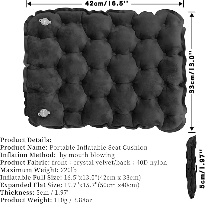 YEEKORO Inflatable Seat Cushion, Lightweight Camping Air Sitting Pad with Repair Cloths, Waterproof Air Seat Cushion, Portable Push-Press Seat Cushion for Airplane Travel Hiking Office Stadium Seat