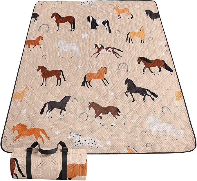 Smell Sunshine Outdoor Picnic Blanket,Portable Sandproof Waterproof Picnic Mat,Horses Printed Camping Beach Mat for Sand a...