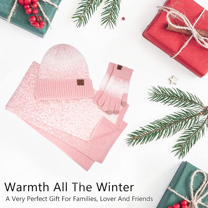 Womens Winter Knit Beanie Hats and Touchscreen Gloves Long Scarf Set with Warm Fleece Lined Skull Caps Scarves for Women