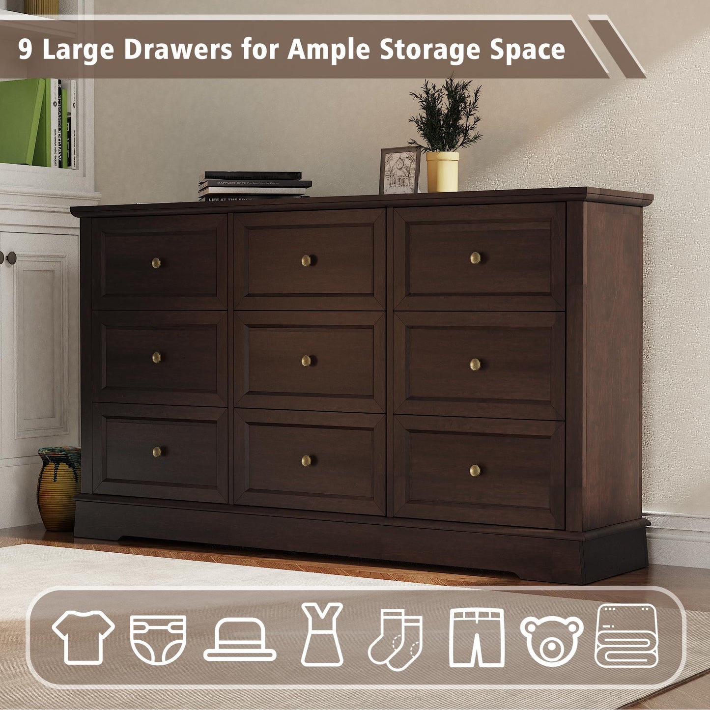 KIGOTY Dressers Bedroom Set of 3, 3 Piece Farmhouse Dresser Set, 9 Drawer Dresser and Nightstand Set of 2 with Charging Station, Bedroom Furniture Set (Brown, 9 Drawer+Nightstand)