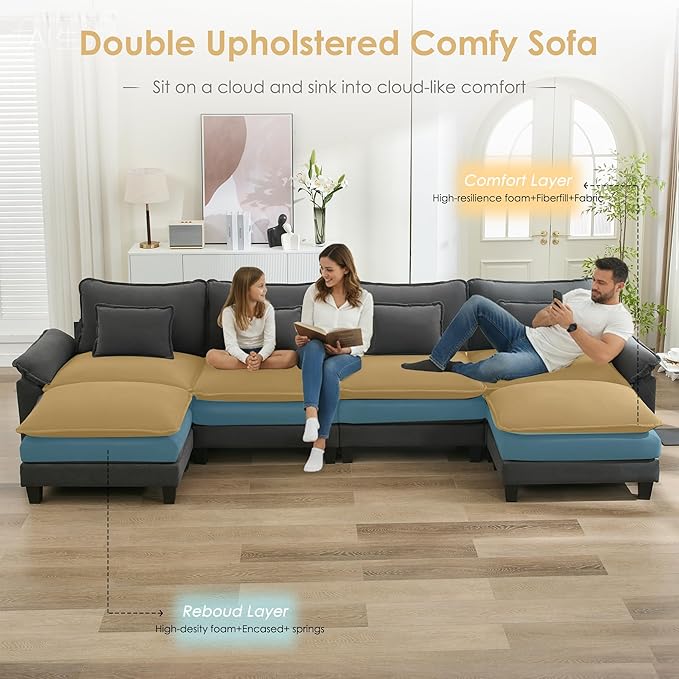 URRED Cloud Couch Modular Sectional Sofa, 157" Modern U Shaped Deep Seat Sofa with 2 Ottomans & Pillows, Ultra Comfy VelvetCouches for Living Room, Bedroom or Apartment, Dark Gray