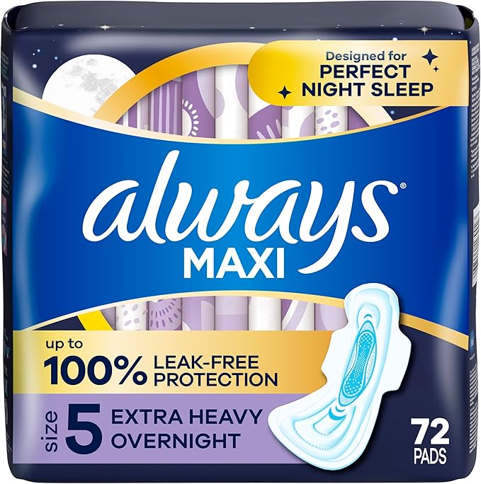 Always Maxi Overnight Pads with Wings, Size 5, Extra Heavy Overnight, Unscented, 72 Count
