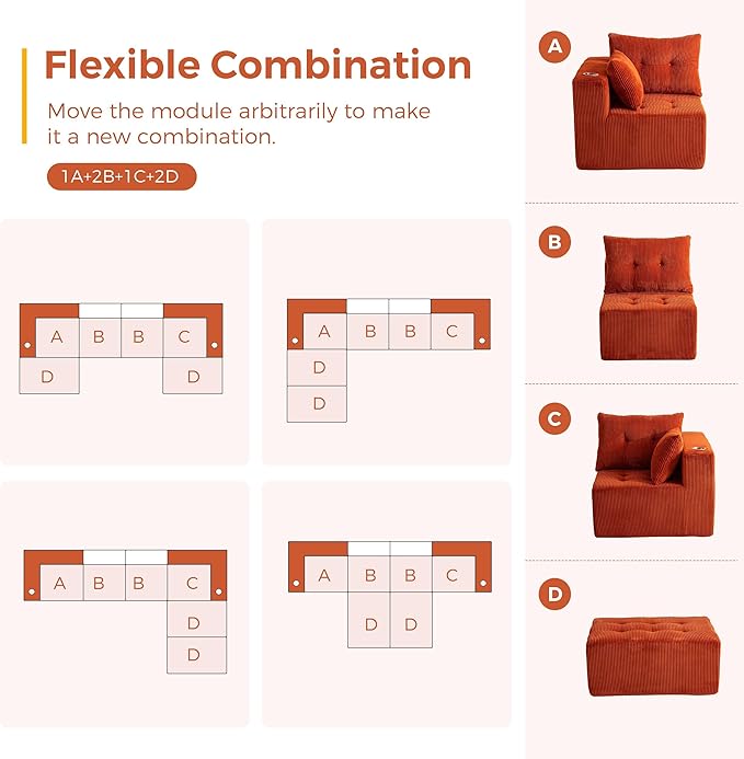 MAXYOYO 129.5" Modular Sectional Sofa Couch, U Shaped Modern Cloud Couch with 2 Ottomans, Sofa in A Box, Tufted 6-Seat Boneless Sleeper Chair for Living Room, No Assembly Required, Orange